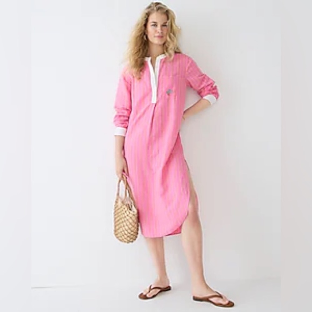 J.Crew Cotton-linen popover cover-up shirtdress in pink stripe BP269